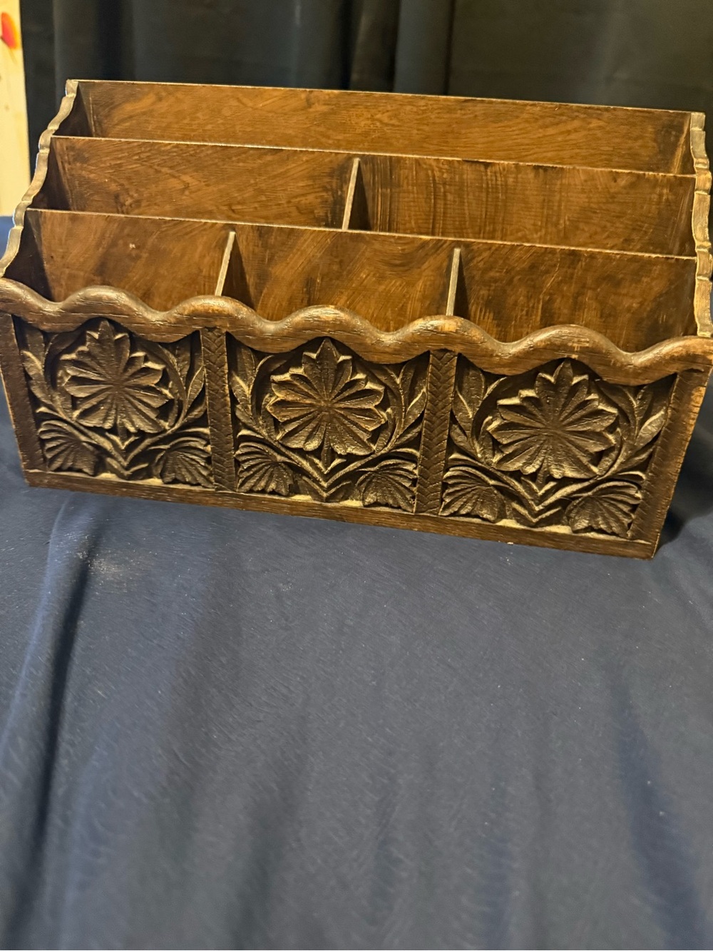 Vintage LERNER Carved Faux Wood Letter Holder Mail Organizer Caddy Desk Tiki